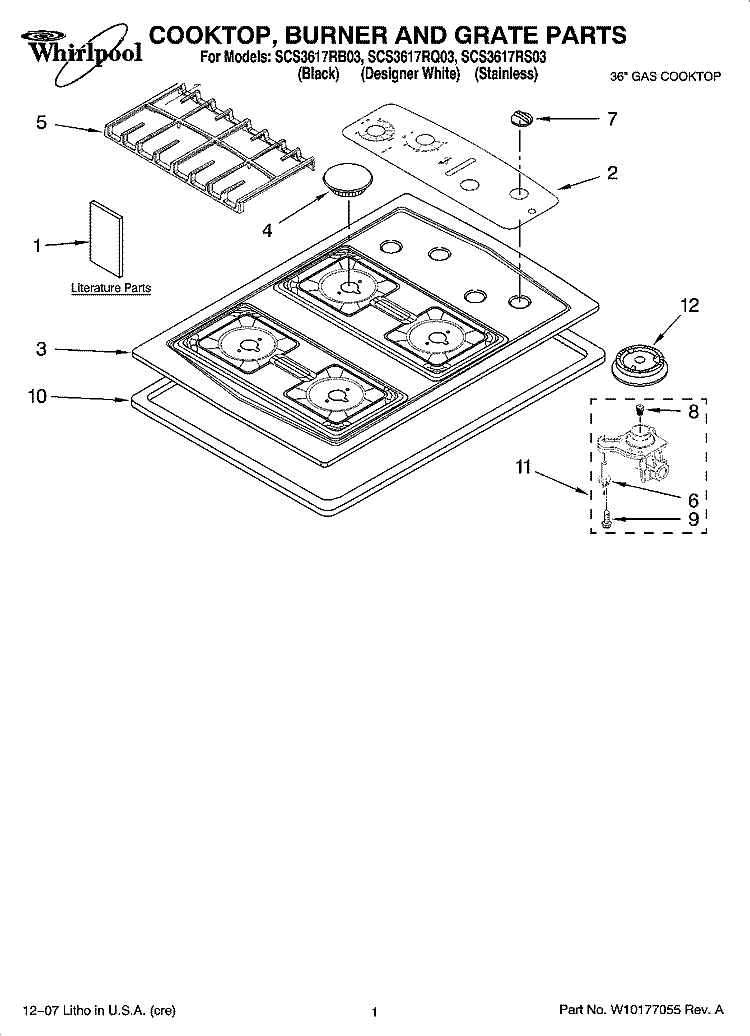 COOKTOP, BURNER AND GRATE PARTS Diagram and Parts List for SCS3617RB03  Whirlpool Cooktop