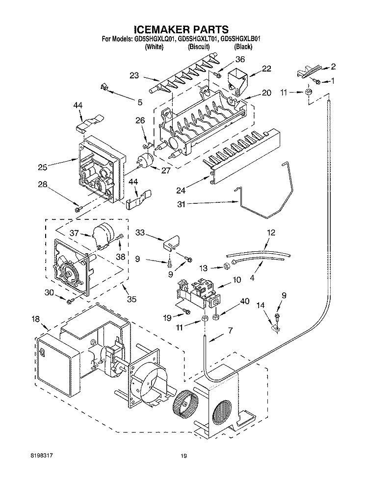 ICEMAKER PARTS Diagram and Parts List for GD5SHGXLT01  Whirlpool Refrigerator