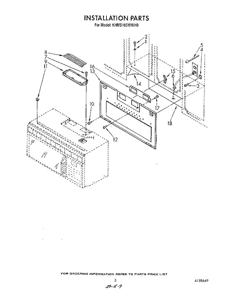 INSTALLATION Diagram and Parts List for KHMS105WWH0  KitchenAid Microwave