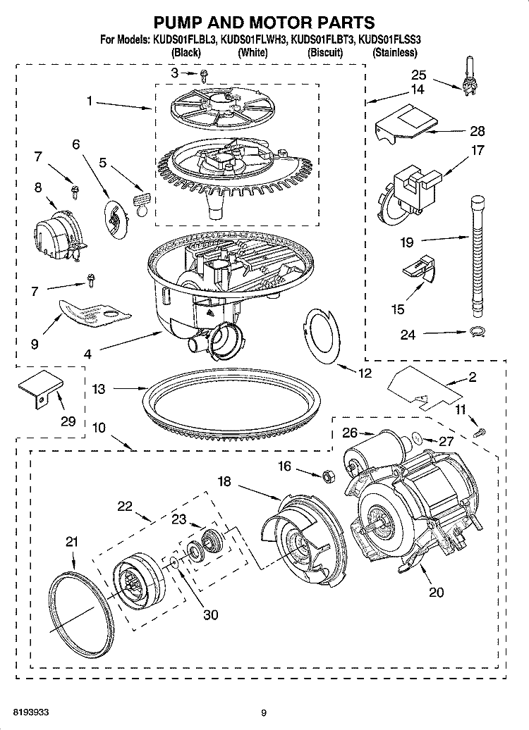 PUMP AND MOTOR PARTS Diagram and Parts List for KUDS01FLSS3  KitchenAid Dishwasher