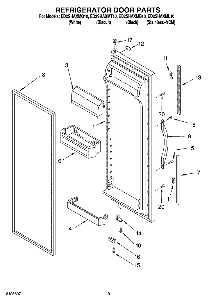 REFRIGERATOR DOOR PARTS Diagram and Parts List for ED2SHAXMQ10  Whirlpool Refrigerator