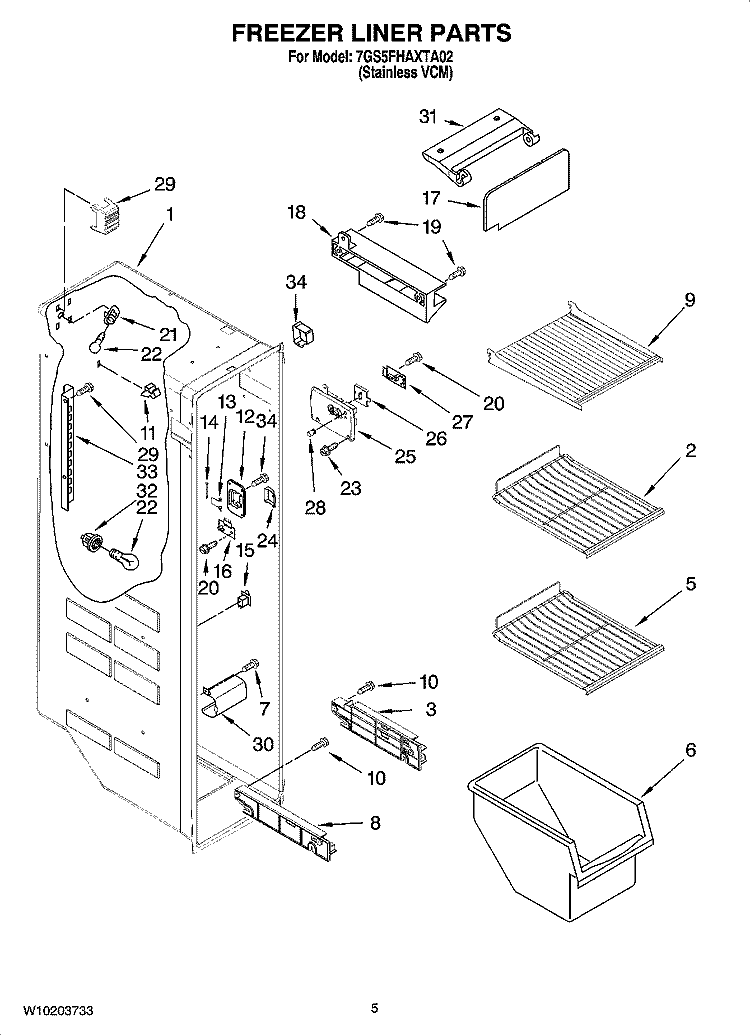 FREEZER LINER PARTS Diagram and Parts List for 7GS5FHAXTA02  Whirlpool Refrigerator