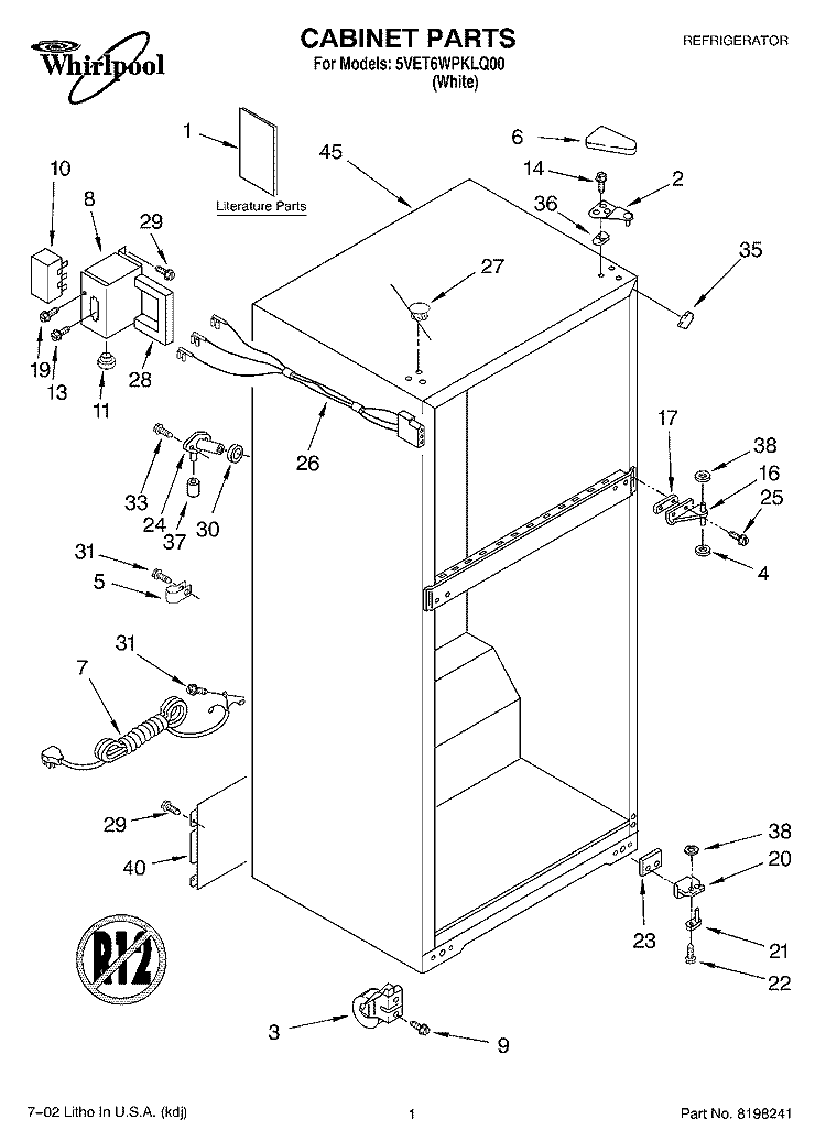 CABINET, LITERATURE Diagram and Parts List for 5VET6WPKLQ00  Whirlpool Refrigerator