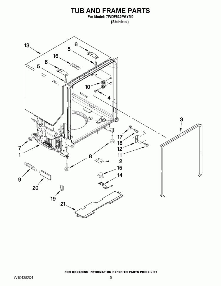 TUB AND FRAME PARTS Diagram and Parts List for 7WDF530PAYM0  Whirlpool Dishwasher
