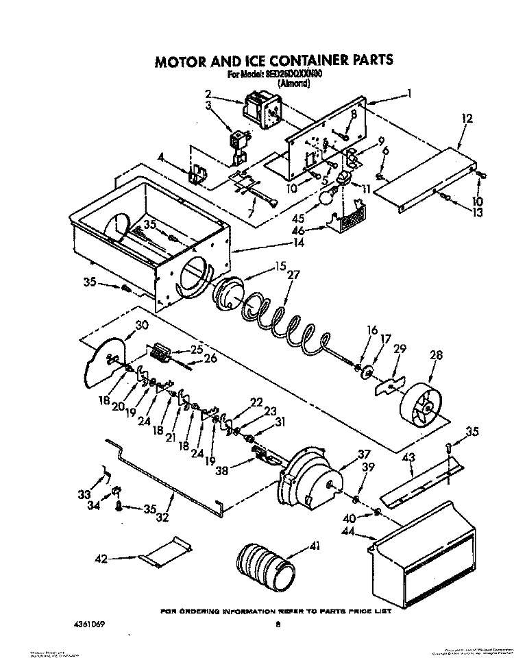 MOTOR AND ICE CONTAINER Diagram and Parts List for 8ED25DQXXN00  Whirlpool Refrigerator