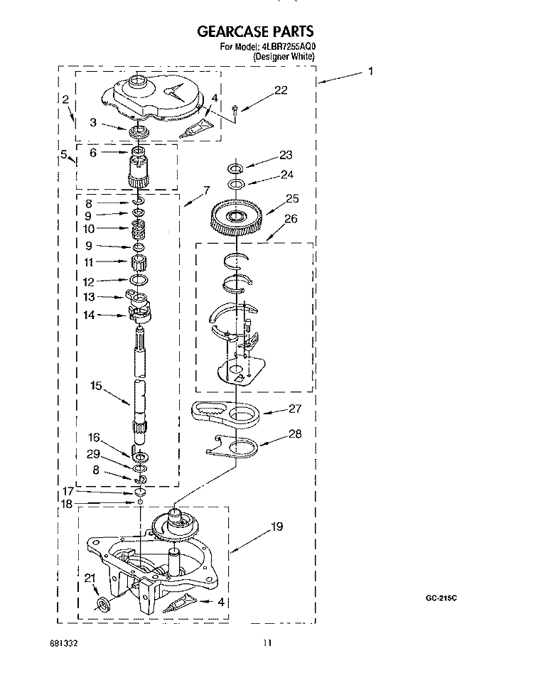 GEARCASE Diagram and Parts List for 4LBR7255AQ0  Whirlpool Washer