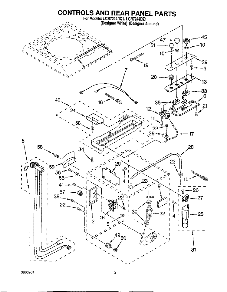 CONTROLS AND REAR PANEL Diagram and Parts List for LCR7244DQ1  Whirlpool Washer