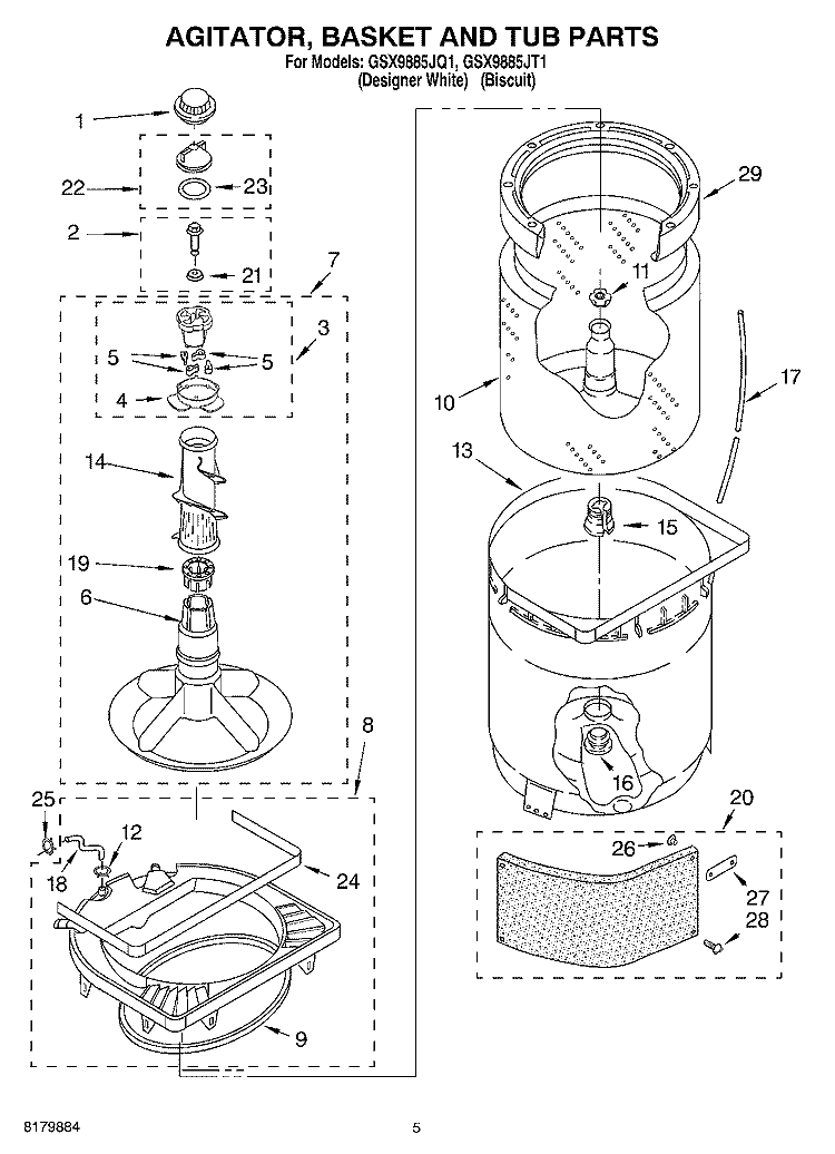AGITATOR, BASKET AND TUB PARTS Diagram and Parts List for GSX9885JT1  Whirlpool Washer