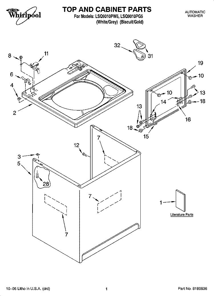 TOP AND CABINET PARTS Diagram and Parts List for LSQ9010PW5  Whirlpool Washer