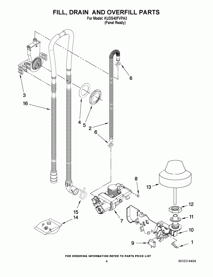 FILL, DRAIN AND OVERFILL PARTS Diagram and Parts List for KUDS40FVPA3  KitchenAid Dishwasher