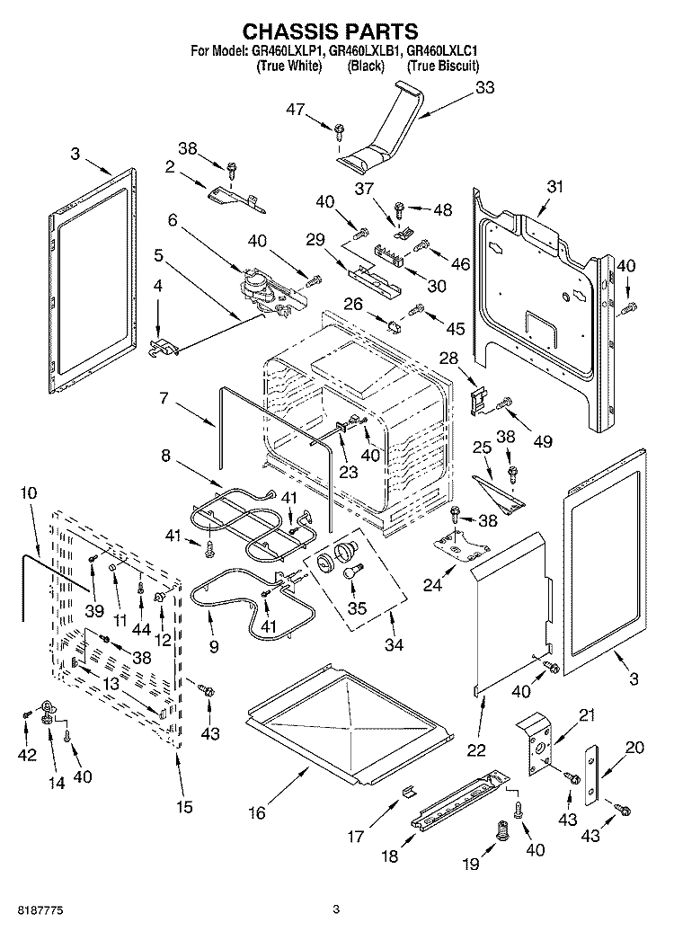 CHASSIS PARTS Diagram and Parts List for GR460LXLP1  Whirlpool Range