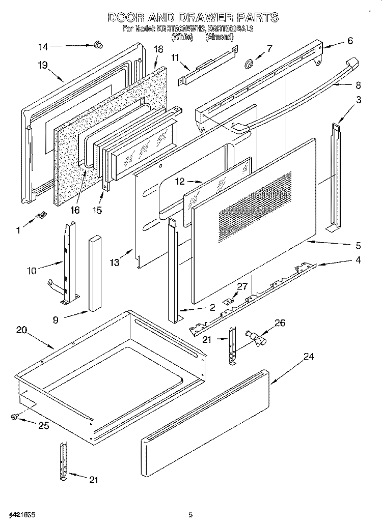 DOOR AND DRAWER Diagram and Parts List for KGRT500BWH3  KitchenAid Range