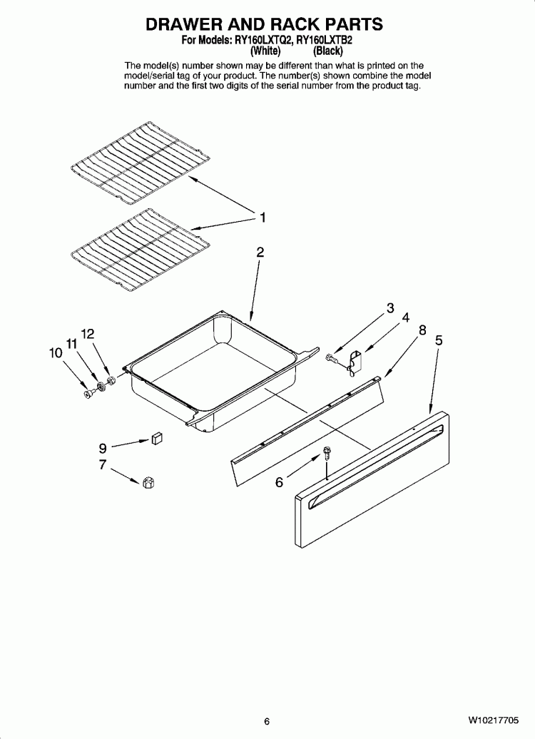 DRAWER AND RACK PARTS Diagram and Parts List for RY160LXTB2  Whirlpool Range