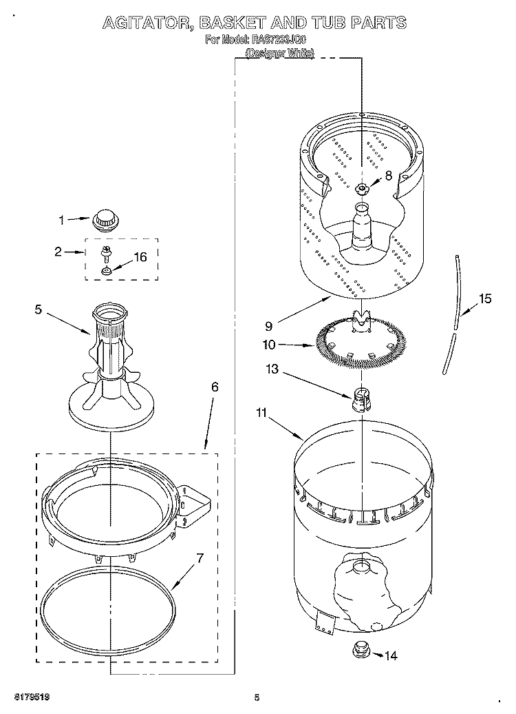 AGITATOR, BASKET AND TUB Diagram and Parts List for RAS7233JQ0  Roper Washer