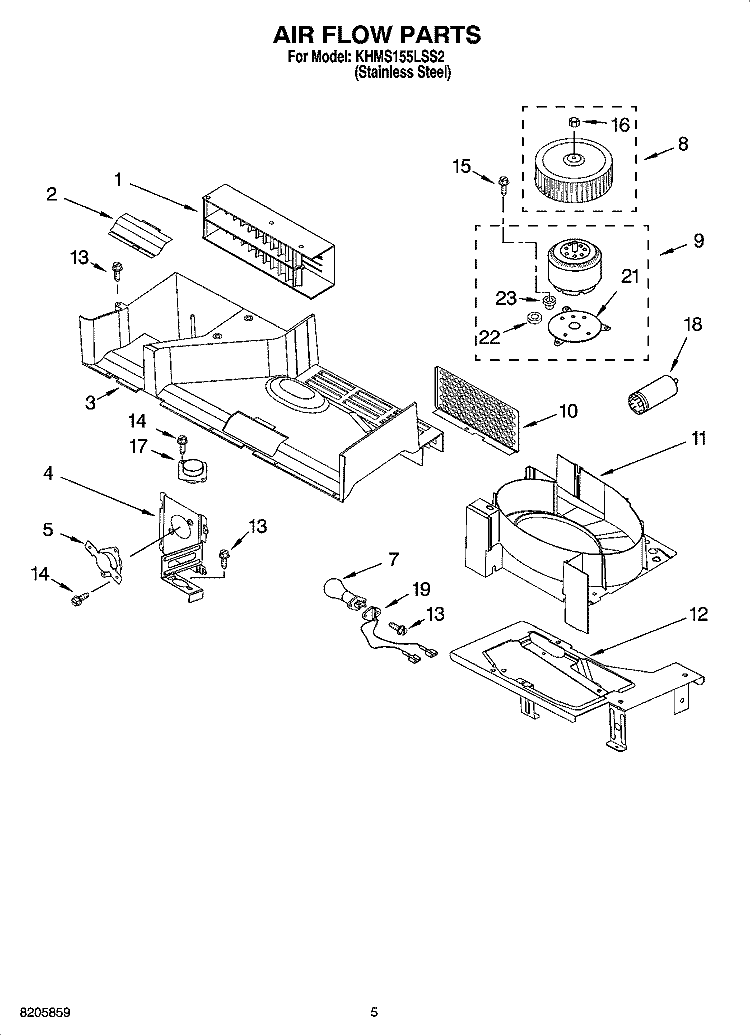 AIR FLOW PARTS Diagram and Parts List for KHMS155LSS2  KitchenAid Microwave