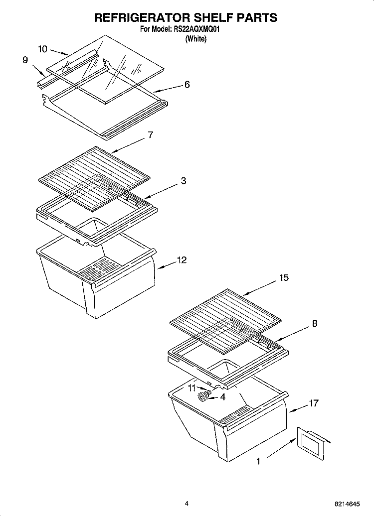 REFRIGERATOR SHELF PARTS Diagram and Parts List for RS22AQXMQ01  Roper Refrigerator