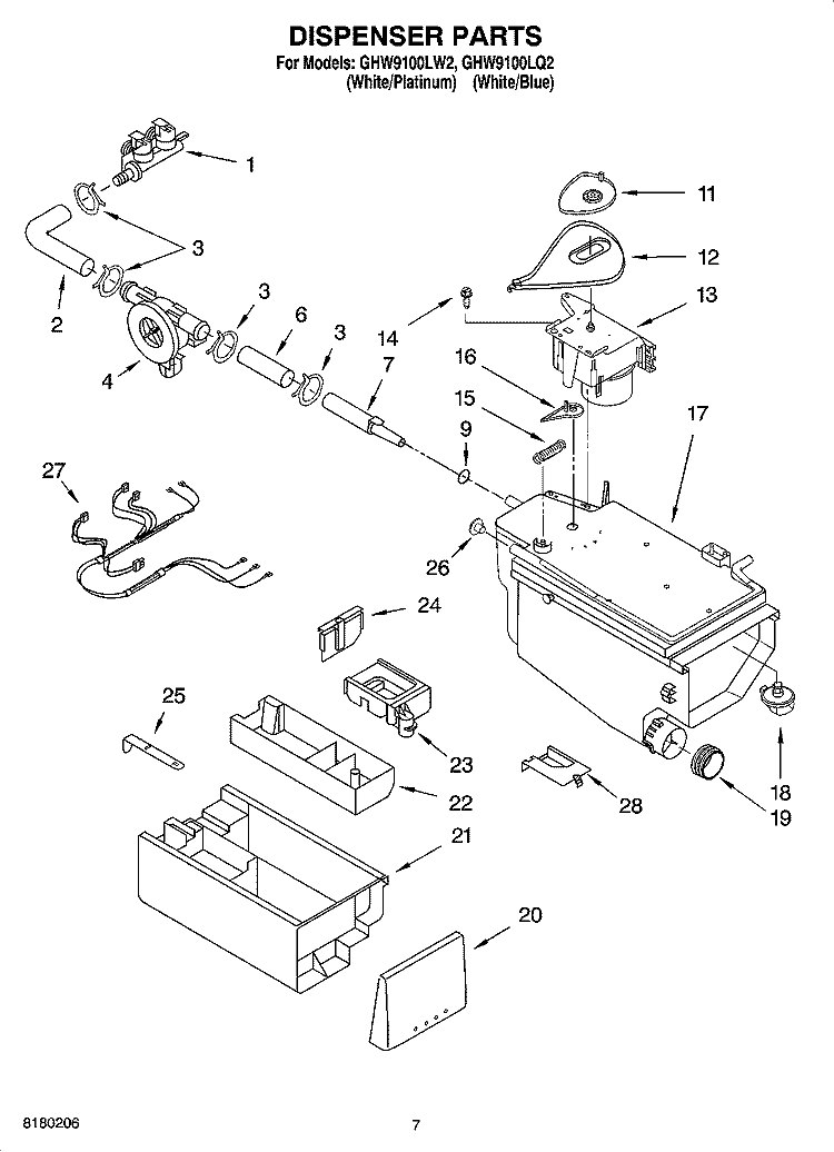 DISPENSER PARTS Diagram and Parts List for GHW9100LW2  Whirlpool Washer