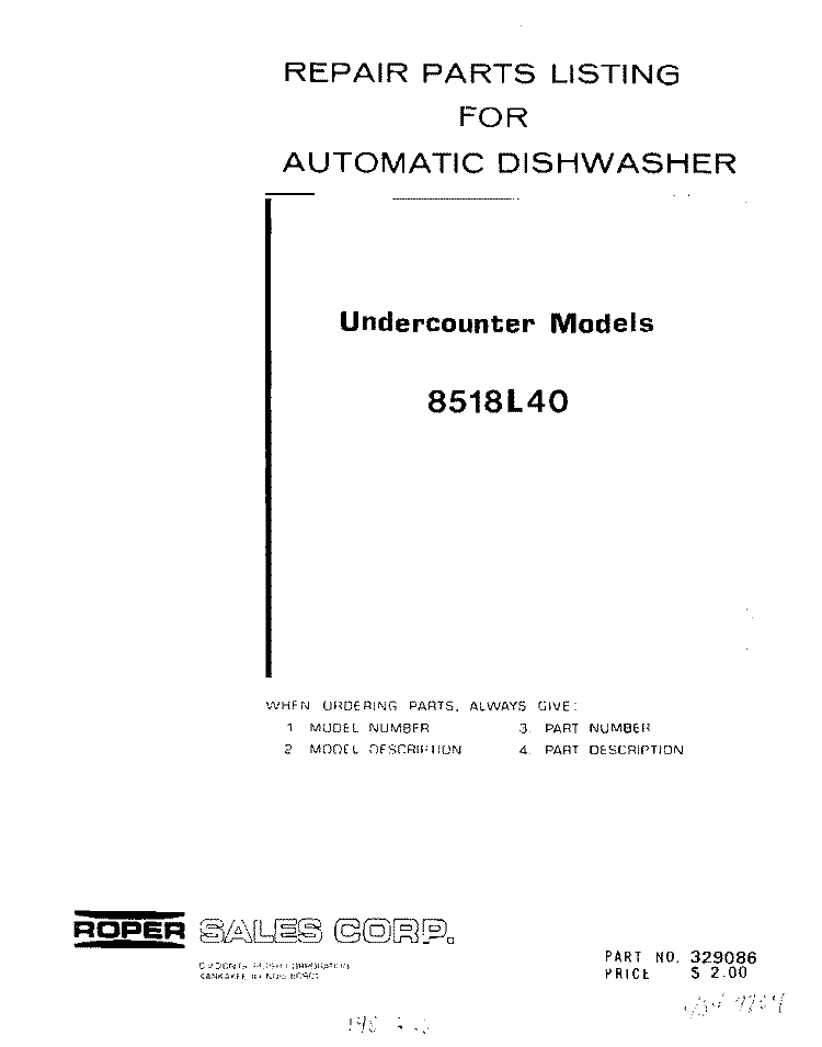 CONSOLE PANEL Diagram and Parts List for 8518L40  Roper Dishwasher