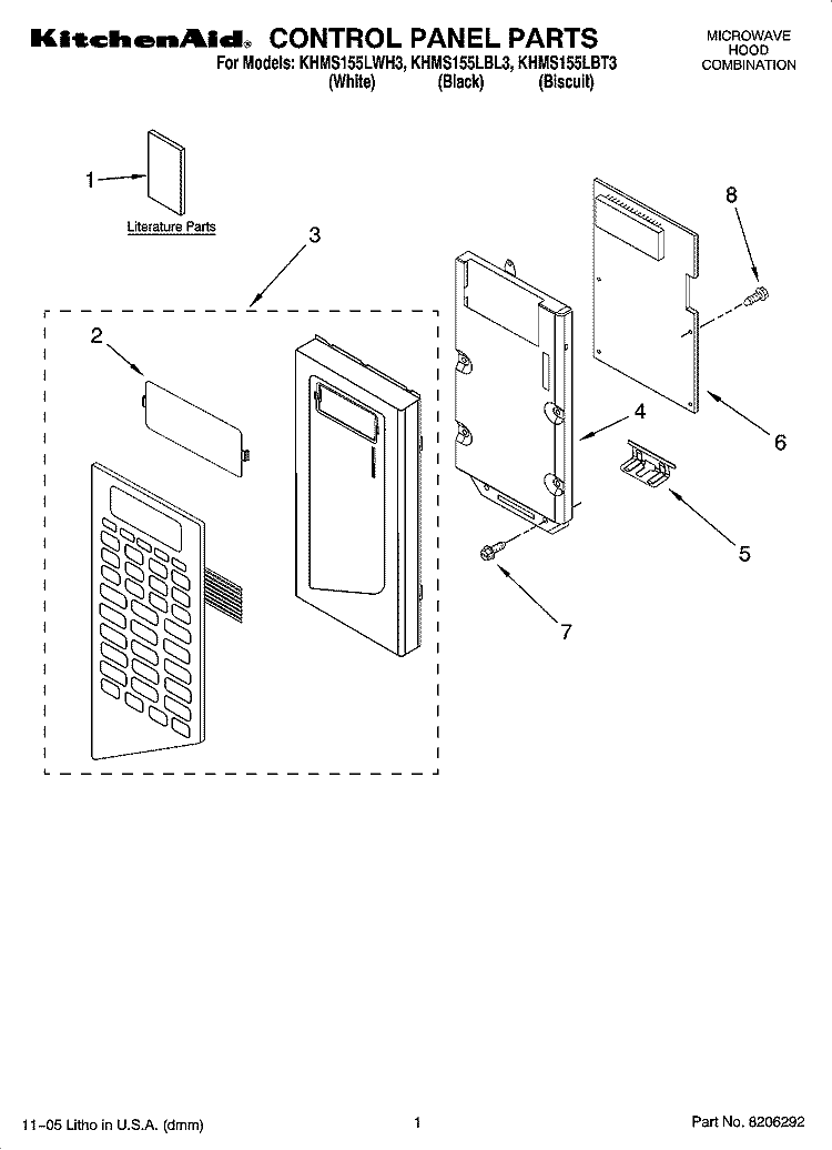 CONTROL PANEL PARTS Diagram and Parts List for KHMS155LWH3  KitchenAid Microwave
