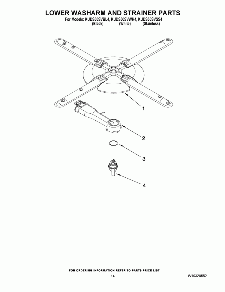 LOWER WASHARM AND STRAINER PARTS Diagram and Parts List for KUDS50SVBL4  KitchenAid Dishwasher