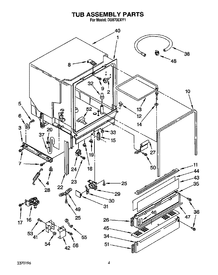 TUB Diagram and Parts List for DU8700XY1  Whirlpool Dishwasher