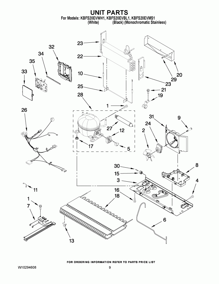 UNIT PARTS Diagram and Parts List for KBFS20EVBL1  KitchenAid Refrigerator