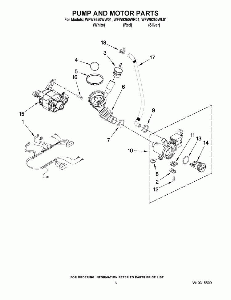 PUMP AND MOTOR PARTS Diagram and Parts List for WFW9250WL01  Whirlpool Washer