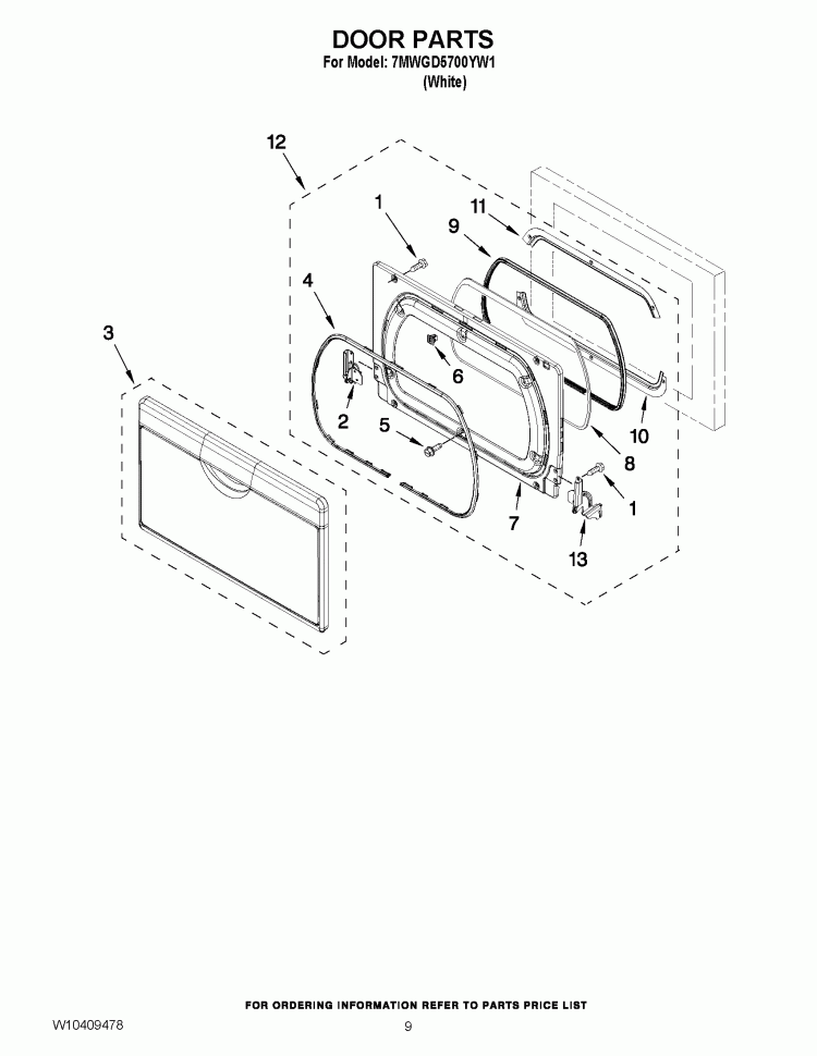 DOOR PARTS Diagram and Parts List for 7MWGD5700YW1  Whirlpool Dryer