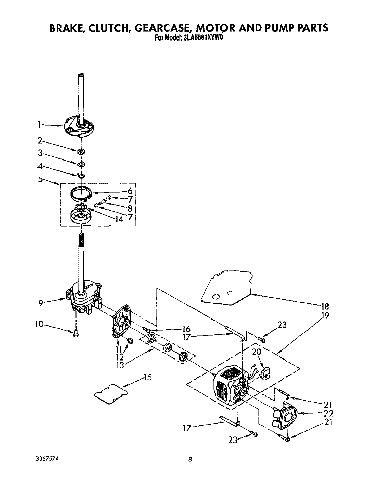 BRAKE, CLUTCH, GEARCASE, MOTOR AND PUMP Diagram and Parts List for 3LA5581XYN0  Whirlpool Washer