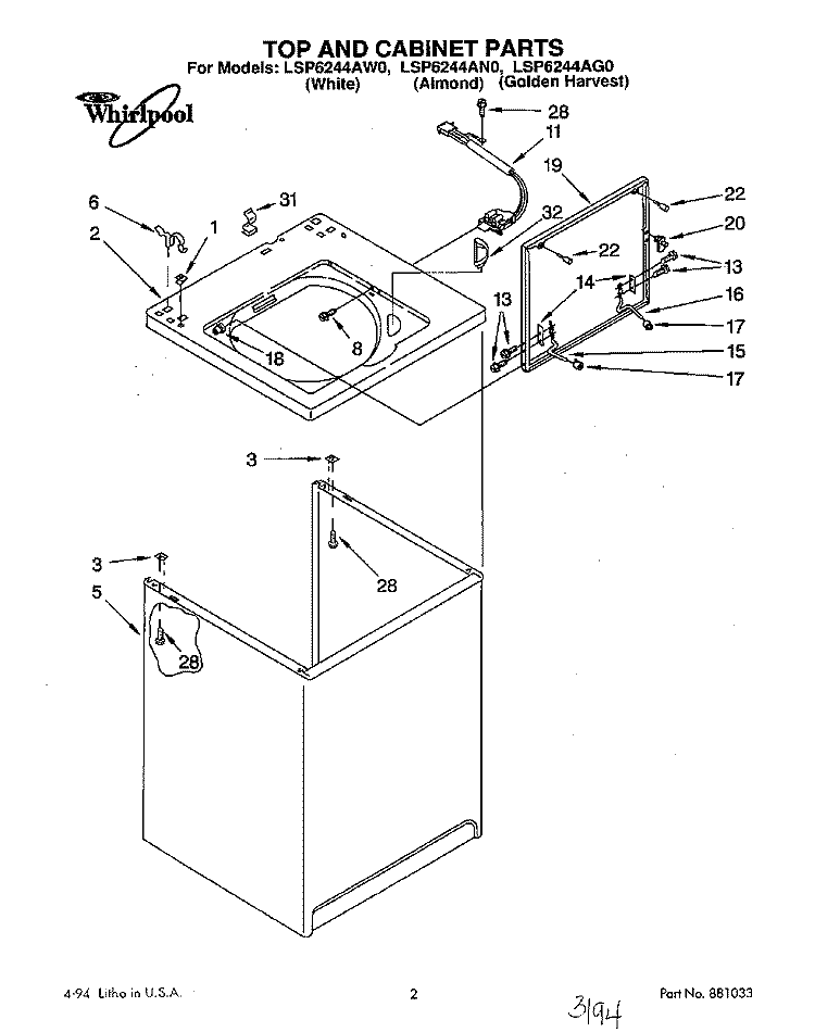 TOP AND CABINET, LIT/OPTIONAL Diagram and Parts List for LSP6244AN0  Whirlpool Washer
