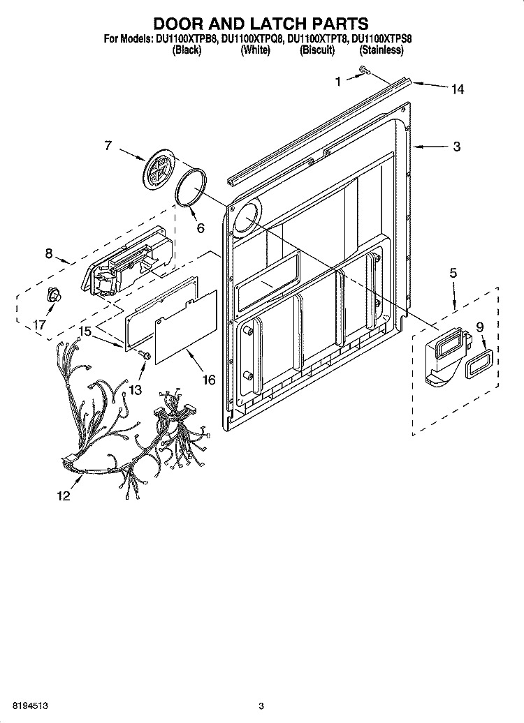 DOOR AND LATCH PARTS Diagram and Parts List for DU1100XTPB8  Whirlpool Dishwasher