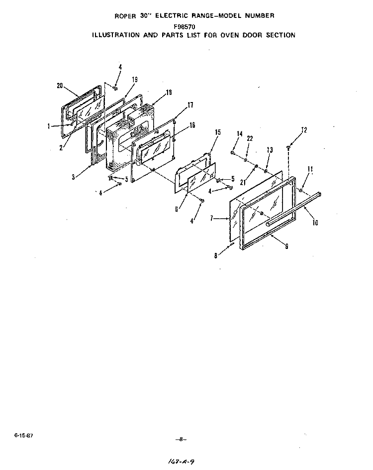 OVEN DOOR Diagram and Parts List for F9857W0  Roper Range