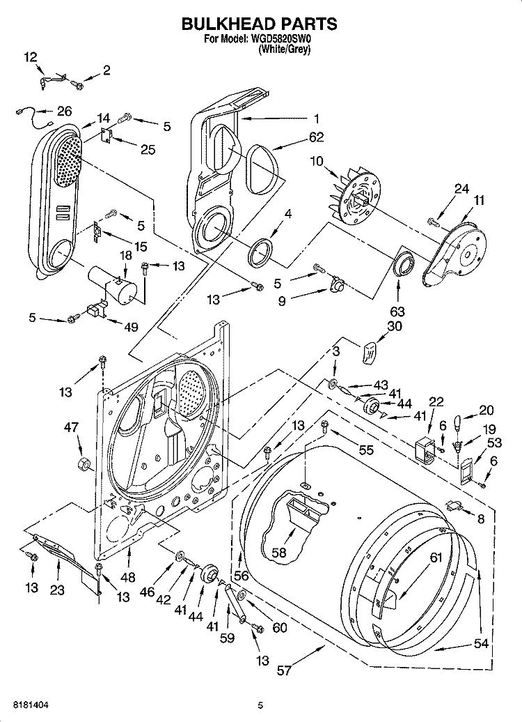 BULKHEAD PARTS Diagram and Parts List for WGD5820SW0  Whirlpool Dryer