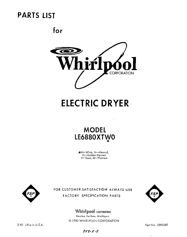 SECTION Diagram and Parts List for LE6880XTM0  Whirlpool Dryer