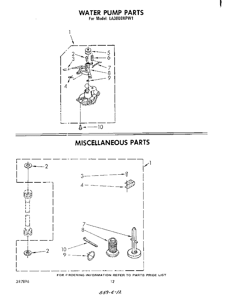 WATER PUMP , MISCELLANEOUS Diagram and Parts List for LA3800XPW1  Whirlpool Washer