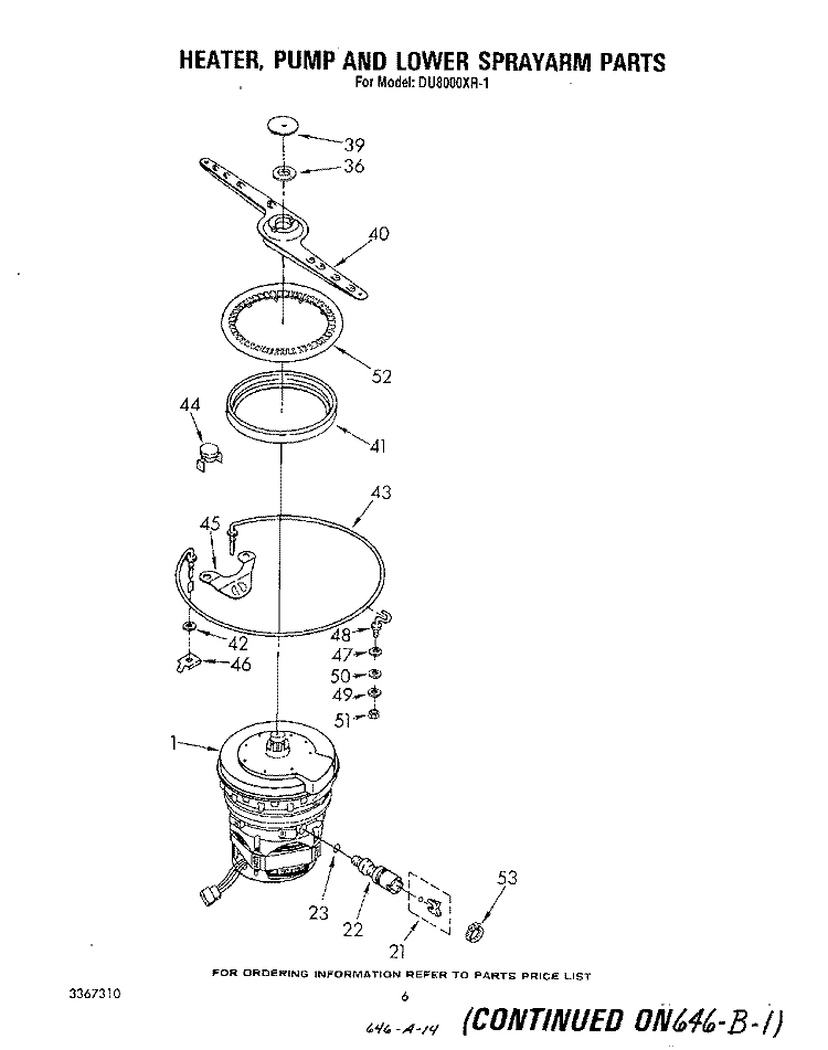 HEATER, PUMP AND LOWER SPRAY ARM Diagram and Parts List for DU8000XR1  Whirlpool Dishwasher