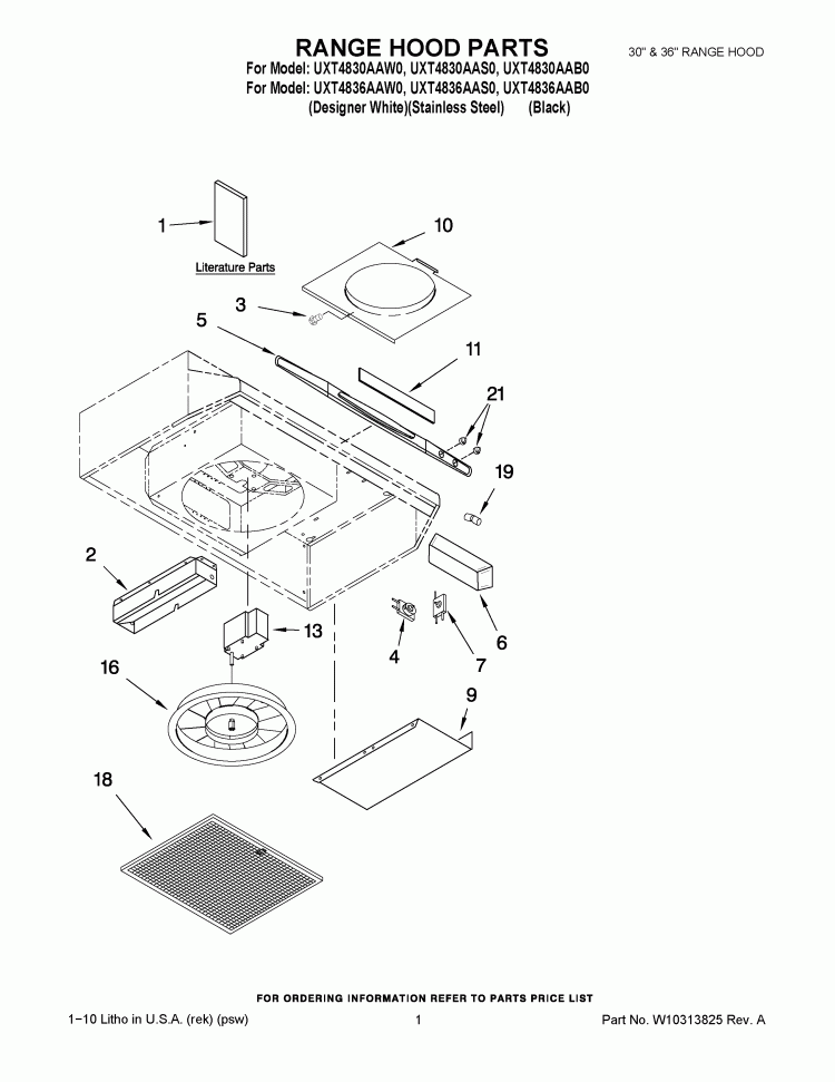 RANGE HOOD PARTS Diagram and Parts List for UXT4836AAW0  Whirlpool Range Hood