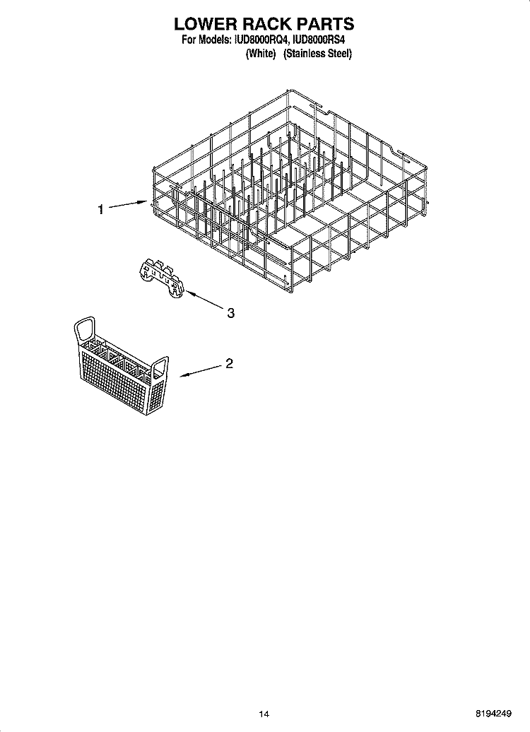 LOWER RACK PARTS, OPTIONAL PARTS (NOT INCLUDED) Diagram and Parts List for IUD8000RS4  Whirlpool Dishwasher