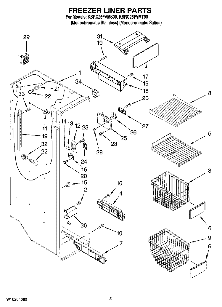 FREEZER LINER PARTS Diagram and Parts List for KSRC25FVMT00  KitchenAid Refrigerator