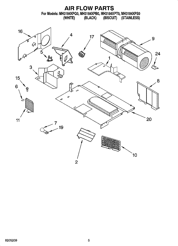 AIR FLOW PARTS Diagram and Parts List for MH3184XPS0  Whirlpool Microwave