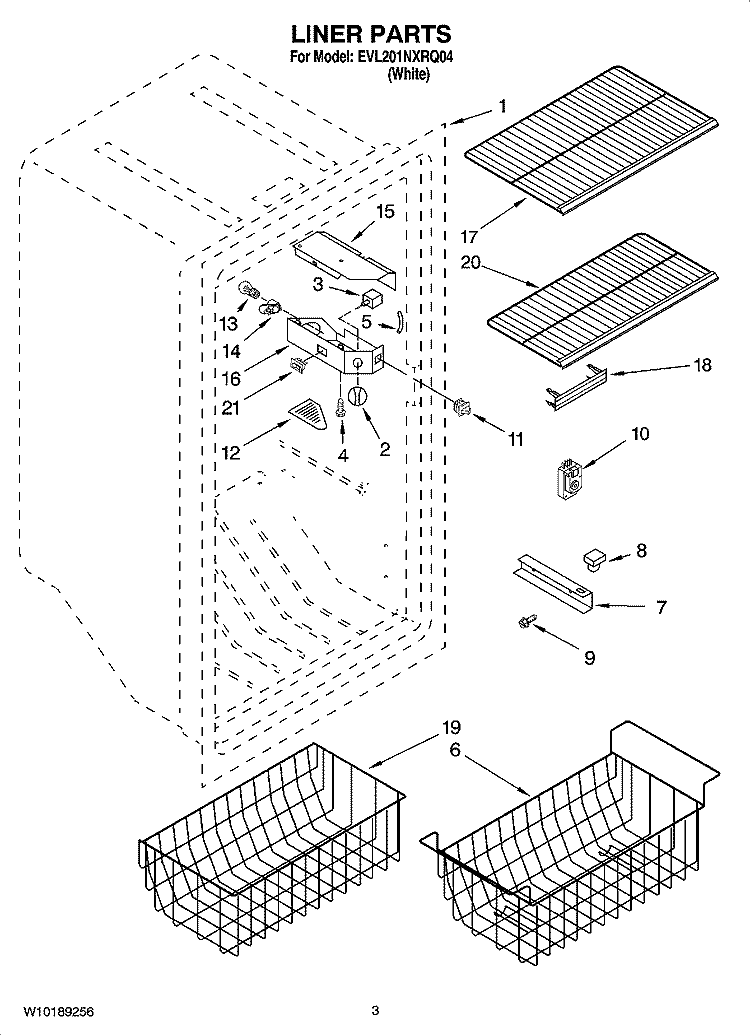 LINER PARTS Diagram and Parts List for EVL201NXRQ04  Whirlpool Freezer