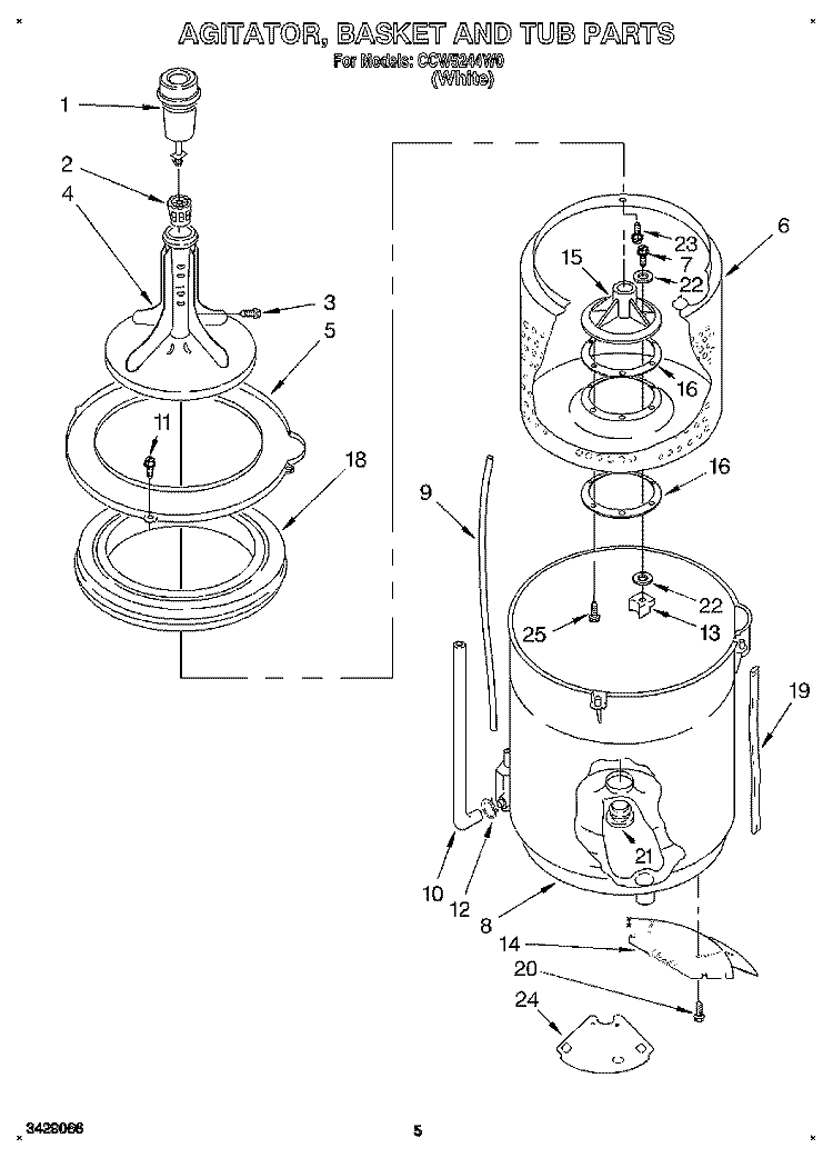 AGITATOR, BASKET AND TUB Diagram and Parts List for CCW5244W0  Whirlpool Washer
