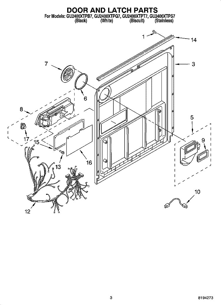 DOOR AND LATCH PARTS Diagram and Parts List for GU2400XTPT7  Whirlpool Dishwasher