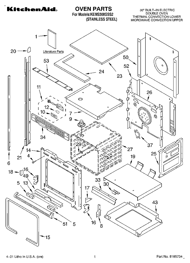 OVEN, LITERATURE Diagram and Parts List for KEMS308GSS2  KitchenAid Microwave Oven Combo