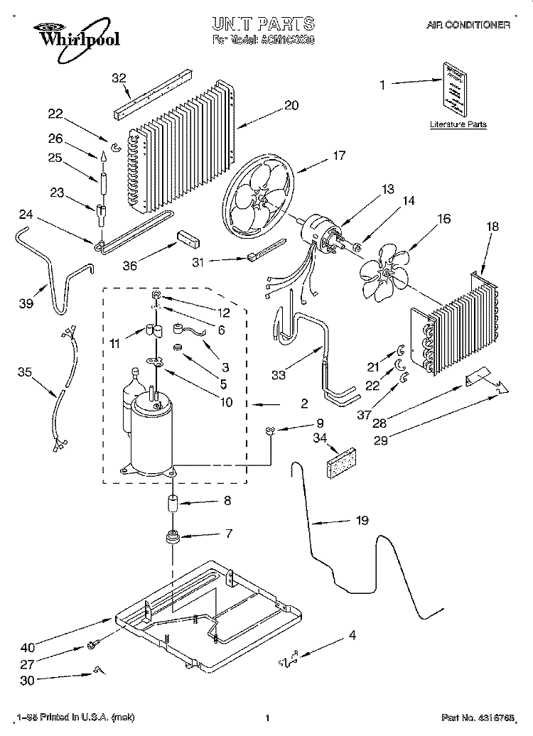UNIT, LITERATURE Diagram and Parts List for ACM102XG0  Whirlpool Air Conditioner