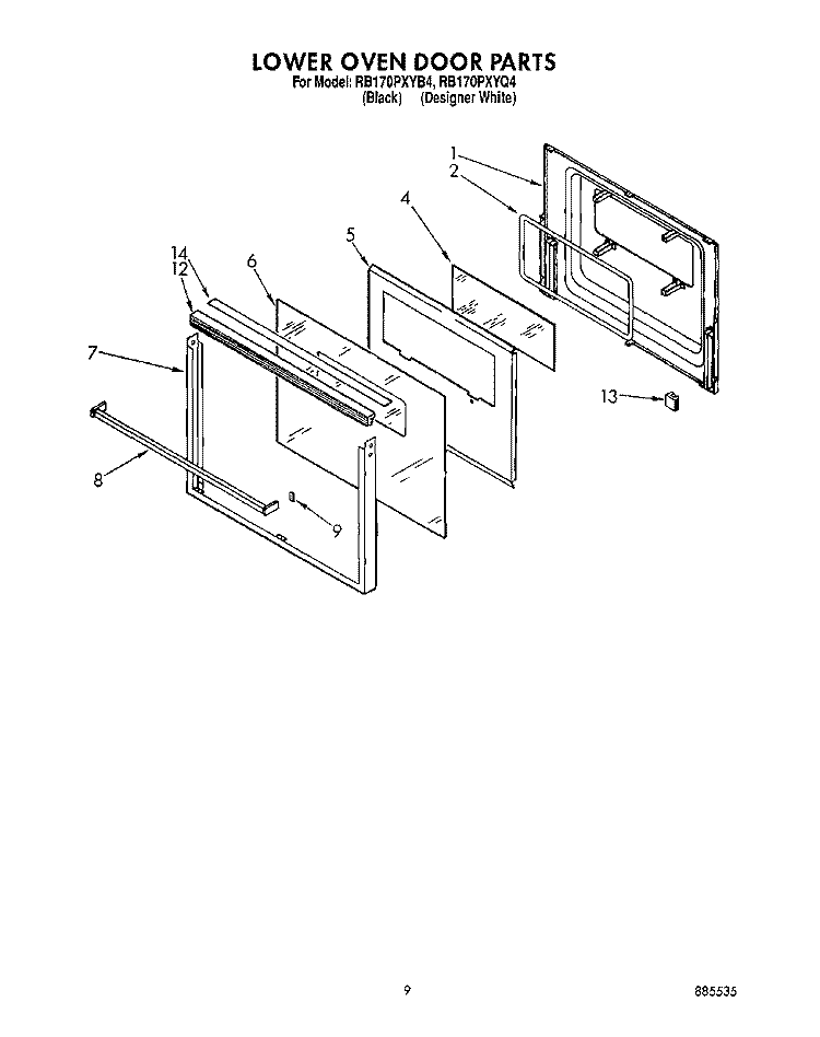 LOWER OVEN DOOR Diagram and Parts List for RB170PXYQ4  Whirlpool Wall Oven