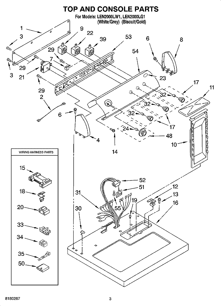 TOP AND CONSOLE PARTS Diagram and Parts List for LEN2000LW1  Whirlpool Dryer