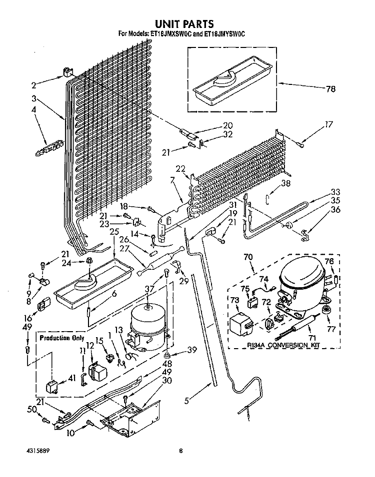 UNIT Diagram and Parts List for ET18JMYSN0C  Whirlpool Refrigerator