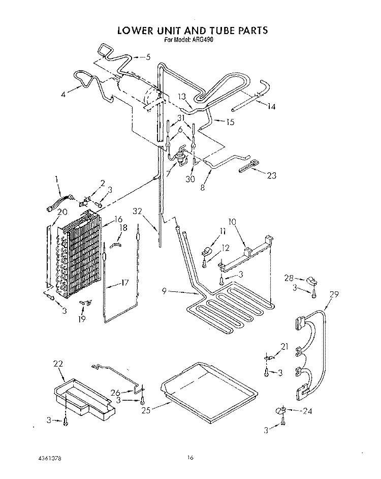 LOWER UNIT AND TUBE Diagram and Parts List for ARG490  Whirlpool Refrigerator