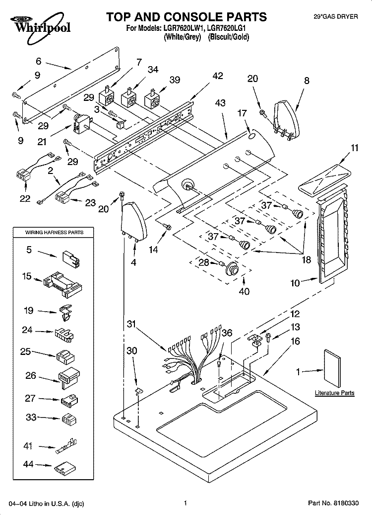 TOP AND CONSOLE PARTS Diagram and Parts List for LGR7620LG1  Whirlpool Dryer